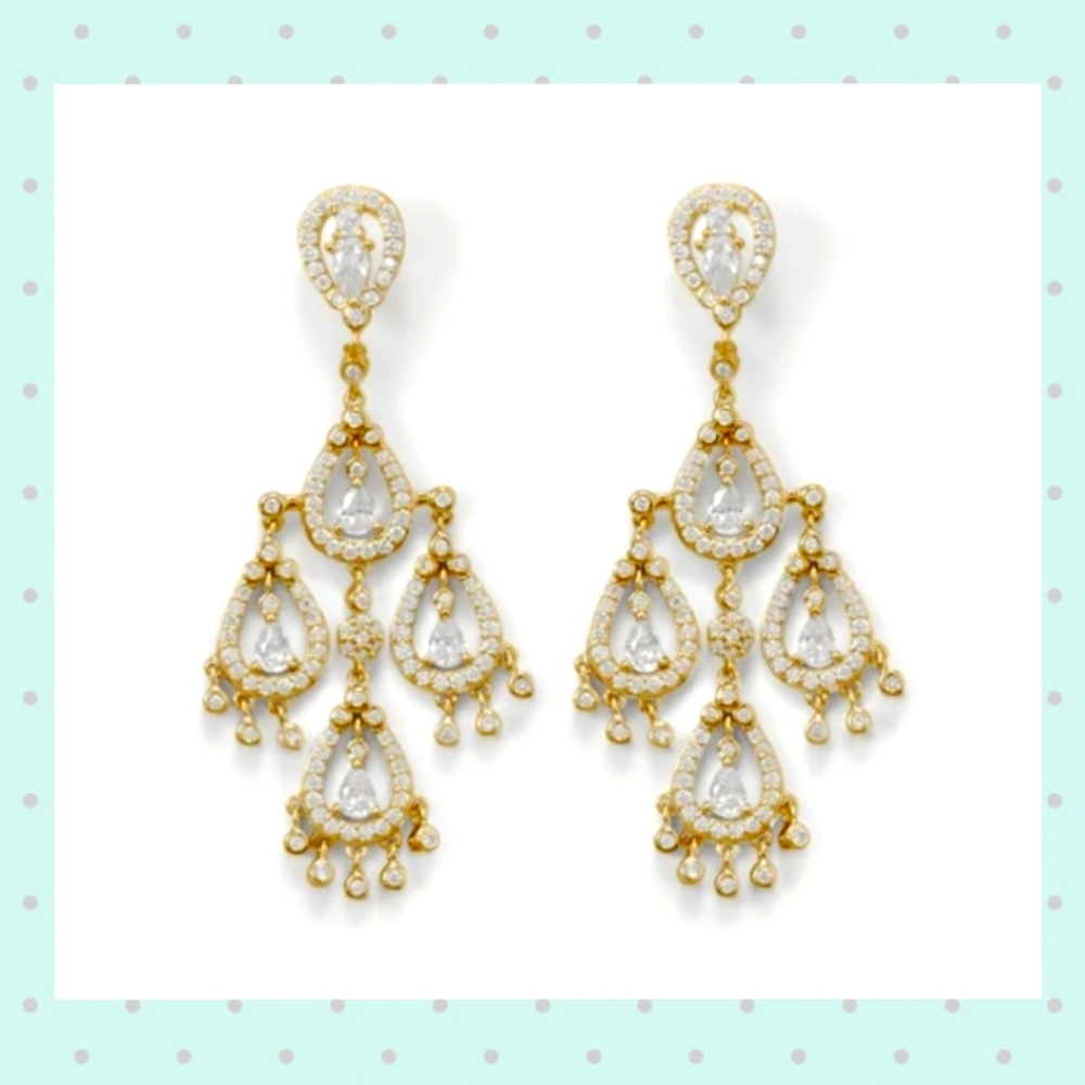 14KT GOLD PLATED CZ PEAR CHANDELIER EARRINGS